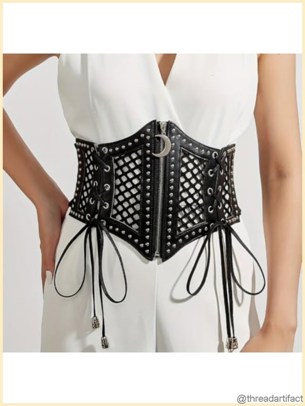 Faux Leather Corset Belt Gothic Moon Rivet Lace Up Elastic Waistband Women